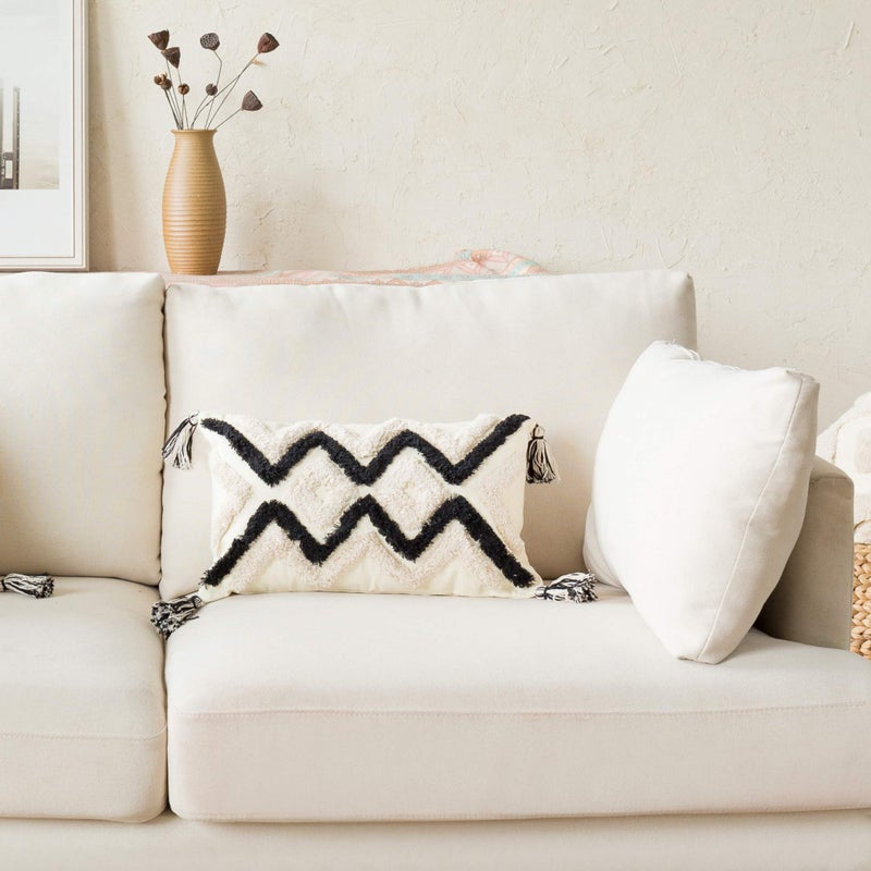 Snugtown Woven Tufted Boho Lumbar Throw Pillow Cover, Modern Decorative Geometric Chevron Cushion with Tassels, Farmhouse Tribal Pillowcase for Couch Sofa Bedroom Living Room, 12 x 20 Inches, Black, Ivory - Image 5